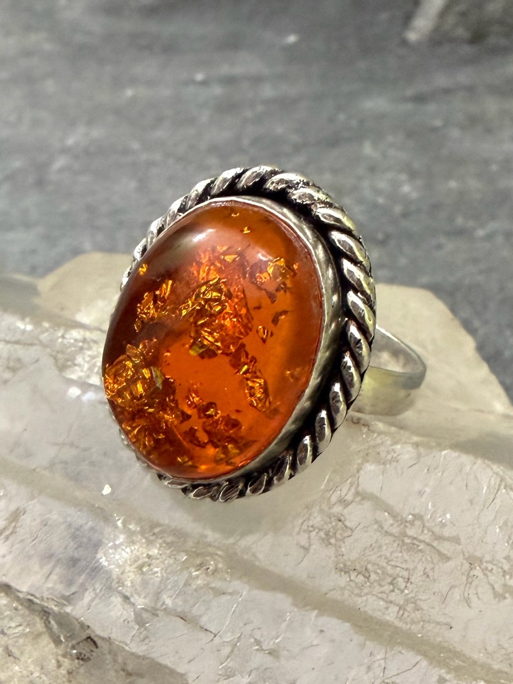 Genuine Amber Cabochon Silver Statement Ring 8.5